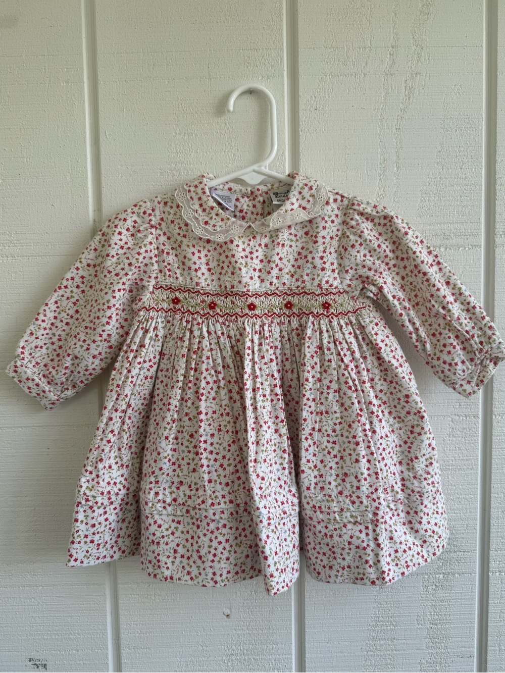 Sarah Louise England Red Floral Long Sleeve Hand Smocked Lace Collar Dress